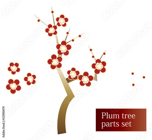 日本の植物 梅花が咲き誇る梅の木 和風のお洒落なイラスト パーツセット ベクター 
Japanese plants. Plum tree with blooming plum blossoms. Stylish illustration in Japanese style. Parts Set. Vector. 