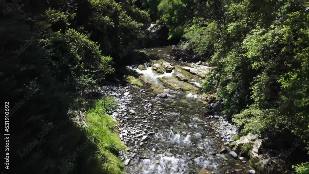 Drone flies backwards along mountain stream and out of rainforest. Drone flies backwards along mountain stream and out of rainforest.
