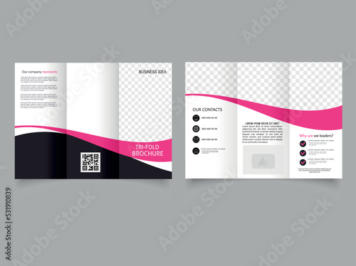 Trifold business brochure with waves. Vector graphics