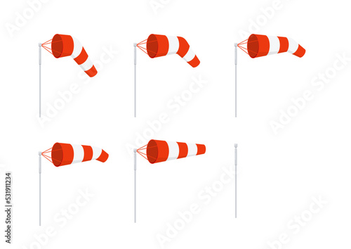 Windsock wind speed chart vector illustration. Orange and white stripe wind cone on pole for airport relative ground wind force and speed indication. Flat design cartoon style illustration.