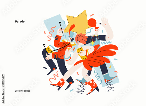 Lifestyle series - Parade - modern flat vector illustration of people marching together, taking part in parade or rally. Male and female protesters or activists. People activities concept