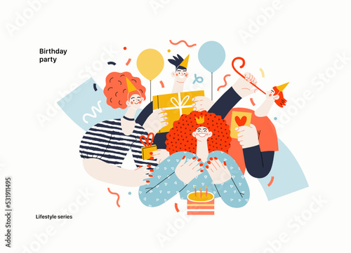 Lifestyle series - Birthday party - modern flat vector illustration of men and women celebrating birthday, giving presents. People activities concept