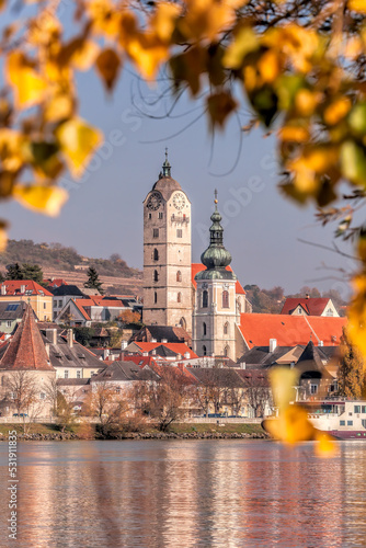Photography Churchs towers in Krems town with Danube river during autumn in Wachau valley, A