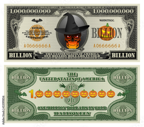 Holiday Happy Halloween. Vector obverse and reverse of a billion-dollar gold certificate. A scary skull in a hat of witch, pumpkin heads and bats. Vintage banknote with guilloche mesh