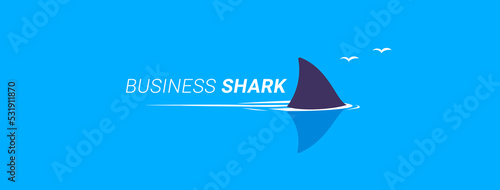Vector business illustration of fish shark on blue water background with word. Flat style design of dangerous fish shark fin swimming in the sea