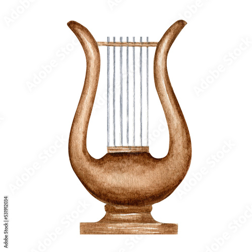 Wooden antique Lyre, Medieval Harp watercolor illustration isolated on white background. Classical Stringed musical instrument