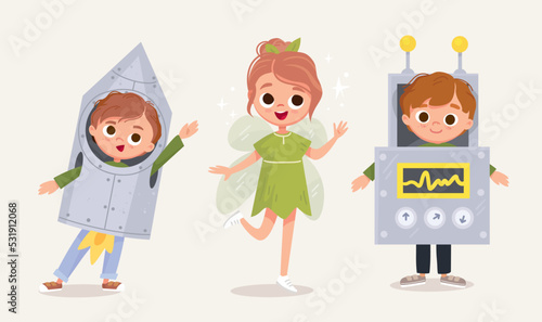 Small children dressed up in astronaut, rocket, robot, fairy, fey, nymph costume standing in various poses isolated vector illustration. New look for kids costume party.Dressing up for party, carnival