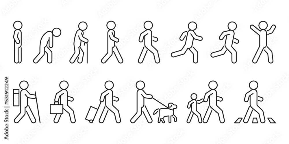 © Iuliia - People walk and run, line icon in different posture side view. Person various action poses set. Stand, walk, run, travel, crosswalk, with dog and child. Vector outline illustration © Iuliia - People walk and run, line icon in different posture side view. Person various action poses set. Stand, walk, run, travel, crosswalk, with dog and child. Vector outline illustration
