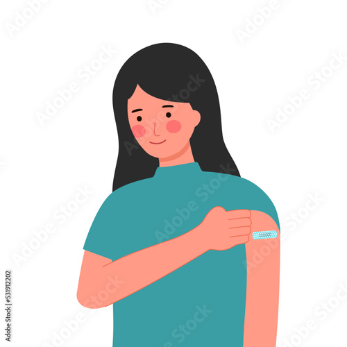 Vaccinated woman with plaster on arm in flat design on white background.