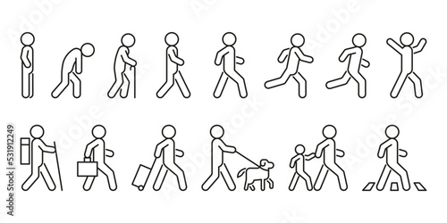 People walk and run, line icon in different posture side view. Person various action poses set. Stand, walk, run, travel, crosswalk, with dog and child. Vector outline illustration