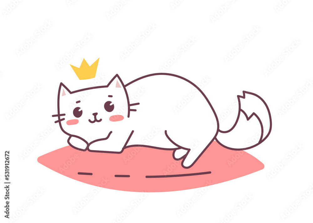 Vector illustration of lying happy cat character with crown on pink pillow on white color background. Flat line art style design of relaxing cute animal cat