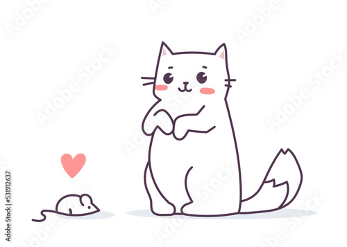 Vector illustration of happy cute cat character on white color background with mouse. Flat line art style design of lovely animal cat