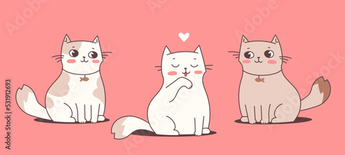 Vector illustration of happy cat character on pink color background. Flat line art style romantic design of sitting and cleaning cute animal cat