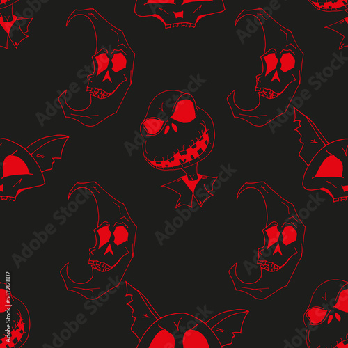 Scary red style monster, cat skull and fashion evil moon pattern on black background. Halloween flyer concept. Seamless halloween background with monsters. Wrapping papper.