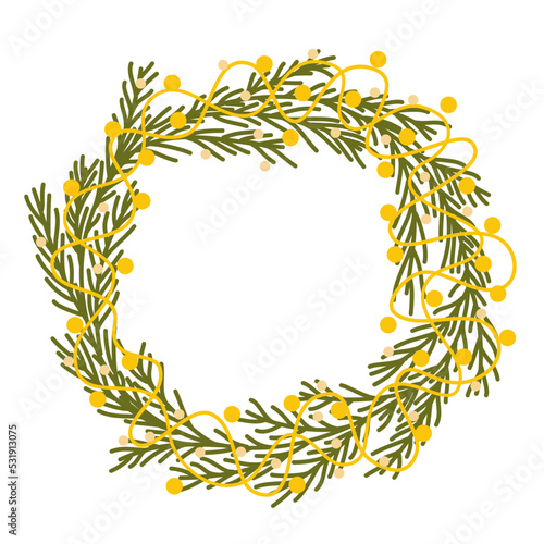 Christmas wreath. Decor for New Year Christmas and holiday. Wreath with holly berries  mistletoe  pine and fir branches  cones  rowan berries. Hand drawn illustration isolated on the white background