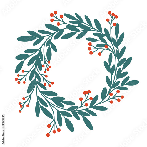 Christmas wreath. Decor for New Year Christmas and holiday. Wreath with holly berries, mistletoe, pine and fir branches, cones, rowan berries. Hand drawn illustration isolated on the white background