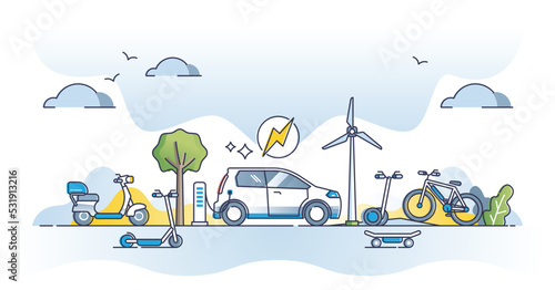 Green transportation using renewable electricity as fuel outline concept. Reduce CO2 emissions and use sustainable alternatives vector illustration. Bicycle, scooters and hybrid cars for clean future.