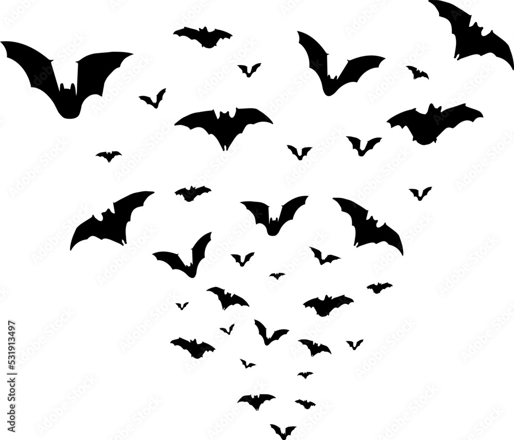 Silhouette of flying bats swarm. Vector illustration.