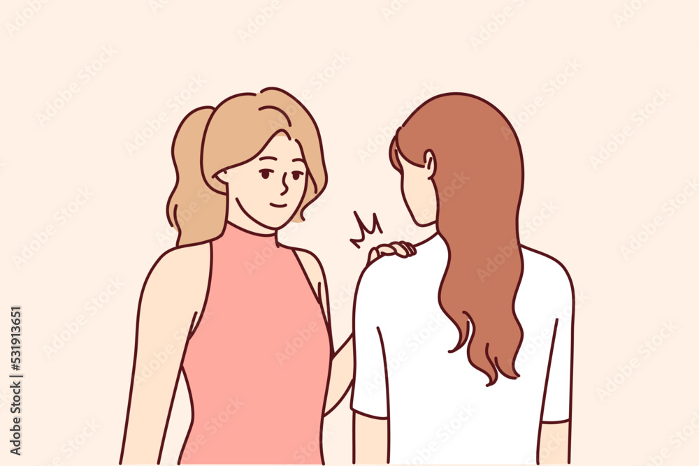 Smiling young women posing together in studio. Happy millennial beautiful girls models front and back. Vector illustration. Smiling young women posing together in studio. Happy millennial beautiful girls models front and back. Vector illustration.