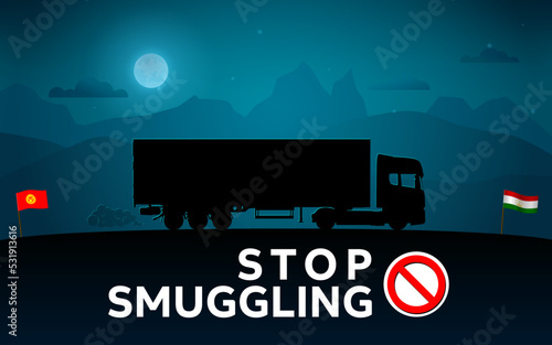 Stop smuggling at the border poster. Silhouette of truck drive in nature landscape with mountains at night vector illustration. Any country may use this poster with their national flags photo
