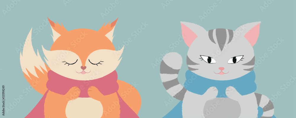 Cute two animals. Fox and Cat. Cute two animals. Fox and Cat.