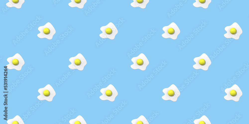 pattern. Image of chicken egg on pastel blue backgrounds. Egg with round yolk. Surface overlay pattern. Banner for insertion into site. Horizontal image. 3D image. 3D rendering.