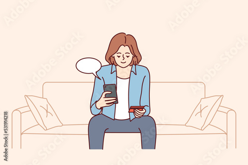 Young woman sit on sofa at home buying online on cellphone pay with credit card. Smiling girl shopping pay on smartphone with application. Vector illustration. 