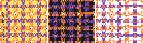 Check plaid Halloween pixel seamless pattern in three different colors with pumpkins and skulls. Vector background for wrapping, textile print, poster or invitation.