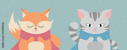 Cute two animals. Fox and Cat.