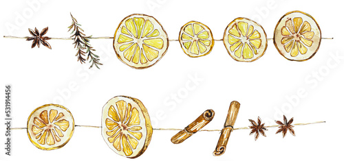 Christmas decoration. Garland with dry orange, rosemary, cinnamon and star anise. Isolated on white background. Watercolor hand drawn illustration. Food backdrop. Sketch