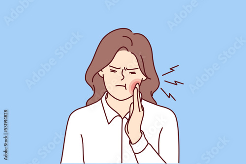 Unhappy woman touch cheek suffer from toothache have decay or caries. Unwell girl struggle with painful feeling having dental ache. Oral care concept. Vector illustration. 