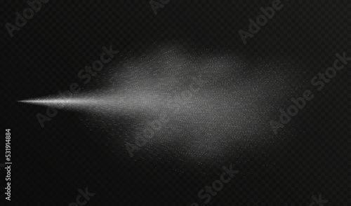 Water spray effect, realistic cosmetic mist, transparent atomizer splash. White fragrance aerosol texture, abstract cosmetic haze isolated on black. Vector illustration.