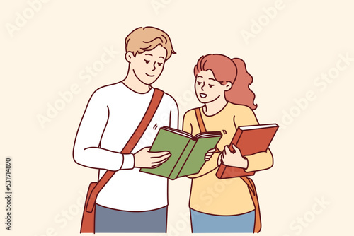 Happy students with book get ready for school exam or lesson. Smiling millennial people with textbooks before class in college. Vector illustration. 