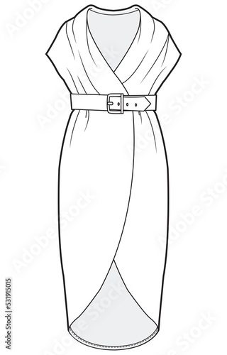 womens sleeveless belted waist wrap dress fashion flat sketch vector illustration. cad mockup.
