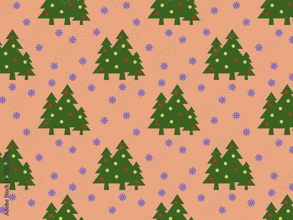 pattern. Image of green Christmas trees with balls and snowflakes on pastel red orange backgrounds. Symbol of New Year and Christmas. Template for application to surface. 3D image. 3d rendering