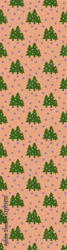 pattern. Image of green Christmas trees with balls and snowflakes on pastel red orange backgrounds. Symbol of New Year and Christmas. Vertical banner for insertion into site. 3D image. 3d rendering © Maksym Om