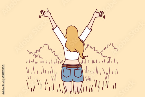 Back view of woman stand in field with hands raised excited with good day. Overjoyed girl enjoy mental health and recovery. Vector illustration. 