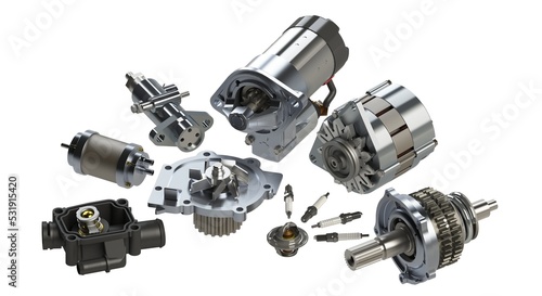 Automotive electric spare parts 3D rendering isolated on white