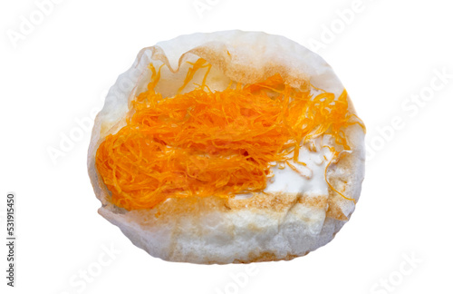 Thai traditional dessert,  soft pancake with topping with sweet egg floss, or or Kanom Thung Thong in Thai, isolated on white background. Popular street food in Thailand.