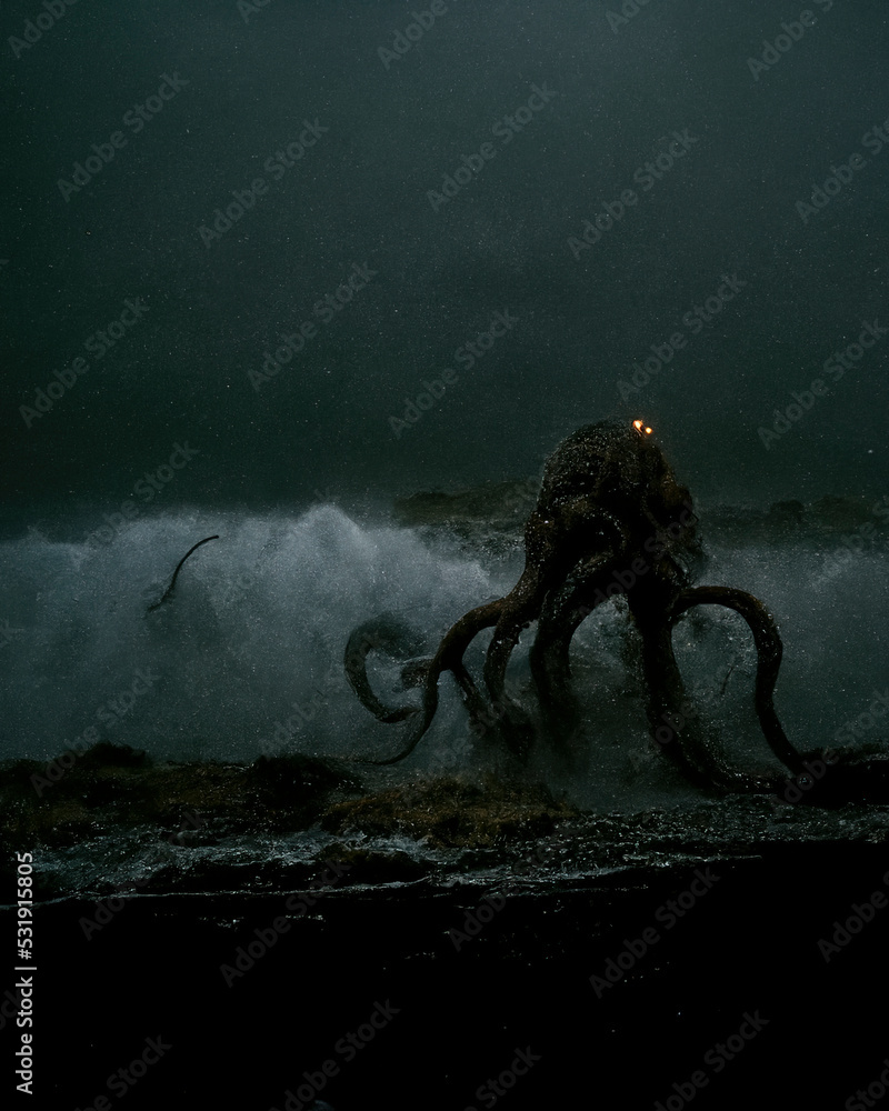 Tentacle, sea ​​shore with giant octopus, fantasy image, nightmare, sunset beach with sea monster