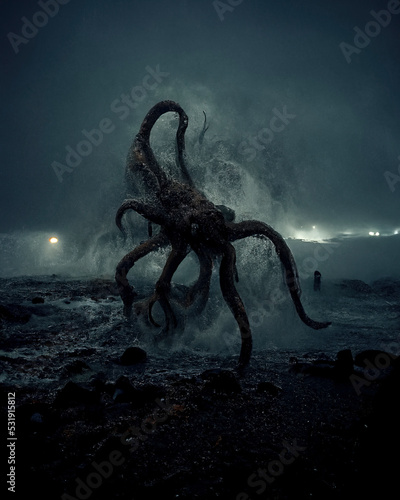 sea ​​shore with giant octopus, fantasy image, nightmare, sunset beach with sea monster photo