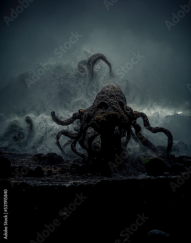 Bild auf Leinwand sea ​​shore with giant octopus, fantasy image, nightmare, sunset beach with sea