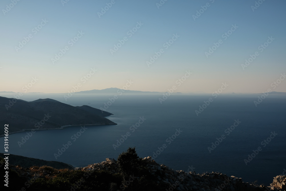 Panoramic view of the Aegean Sea and ancient ruins of the fortification of Paleokastro in Ios Greece