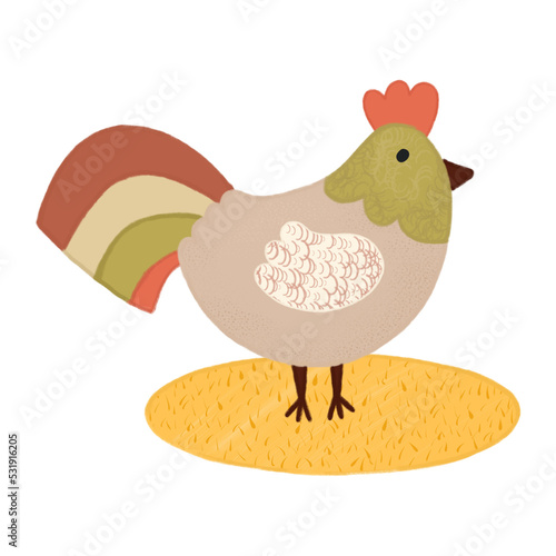 Hand drawn illustration of farm animal. Cute rooster. Kids illustration 