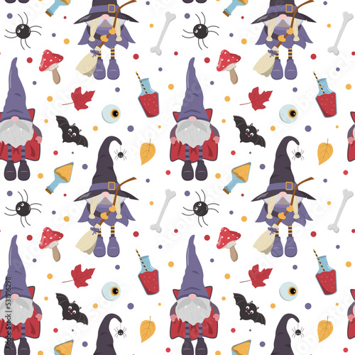 Cute cartoon Halloween gnome characters pattern. Vampire in a cloak, witch with a broom, red and yellow potions, amanita, and others. Spooky holiday background.
