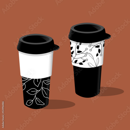 White and black vacuum flasks with floral design on the chocolate brown background. Vector illustration.