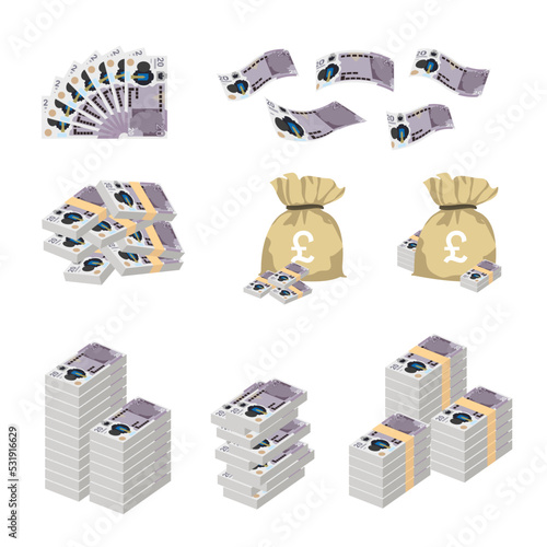Pound Sterling Vector Illustration. Huge packs of United Kingdom, Guernsey. Bundle with cash bills. Deposit, wealth, accumulation and inheritance. Falling money 20 GBP
