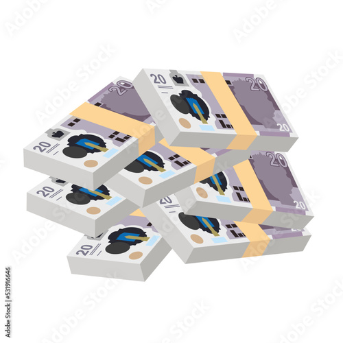 Pound Sterling Vector Illustration. United Kingdom, Guernsey, Isle of Man, Jersey money set bundle banknotes. Paper money 20 GBP. Flat style. Isolated on white background. Simple minimal design