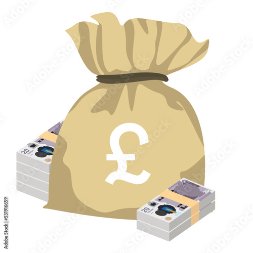Pound Sterling Vector Illustration. United Kingdom, Guernsey, Isle of Man, Jersey money set bundle banknotes. Money bag  20 GBP. Flat style. Isolated on white background. Simple minimal design.