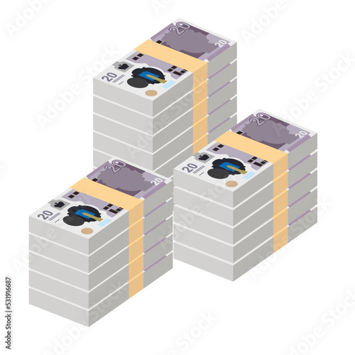 Pound Sterling Vector Illustration. United Kingdom, Guernsey, Isle of Man, Jersey money set bundle banknotes. Paper money 20 GBP. Flat style. Isolated on white background. Simple minimal design